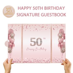 DARUNAXY Rose Gold 50th Birthday Party Decorations, Happy 50th Birthday Alternative Signature Guest Book for Women Pink Cheers to 50 Years Old Gifts 50 Birthday Signing Card Board Party Supplies