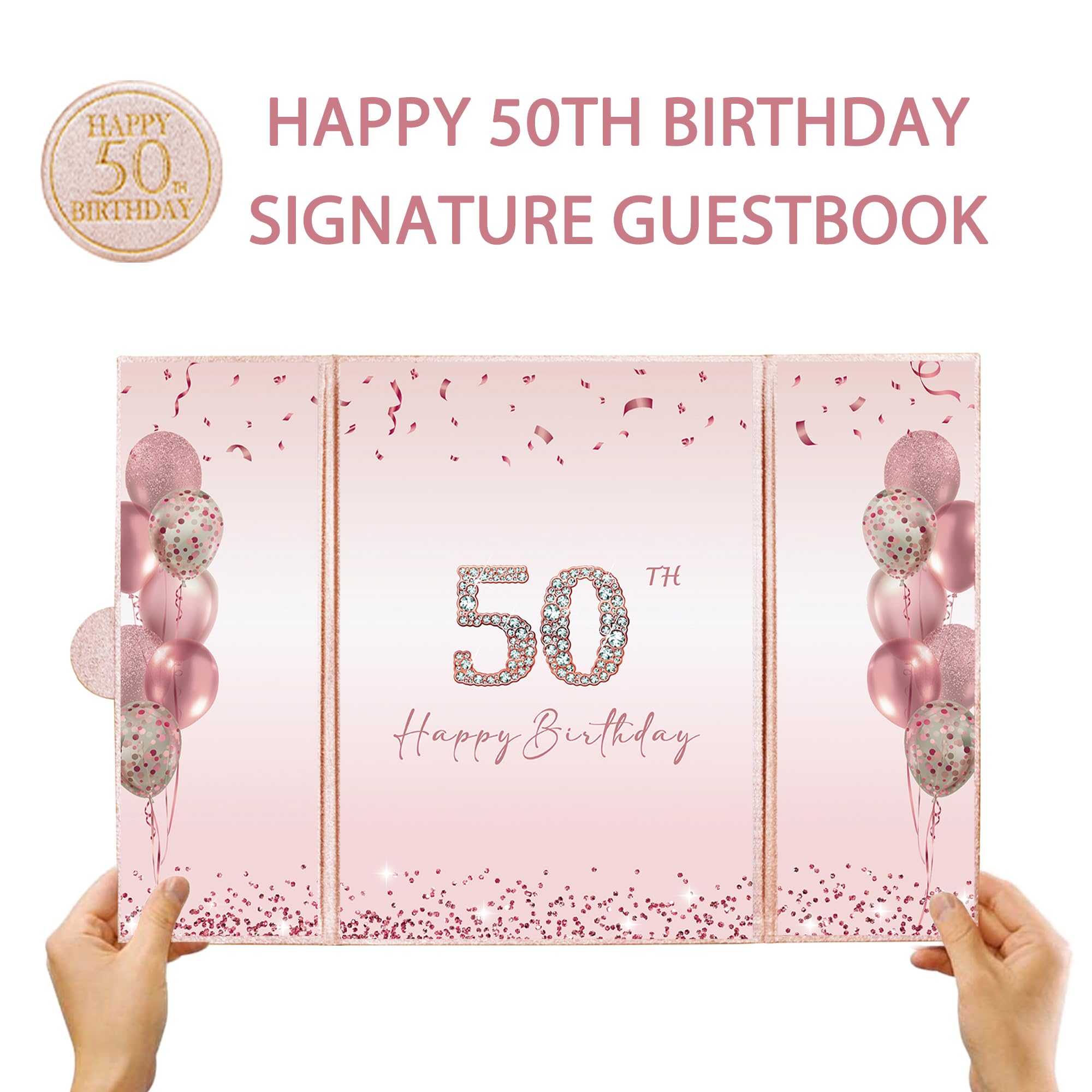 DARUNAXY Rose Gold 50th Birthday Party Decorations, Happy 50th Birthday Alternative Signature Guest Book for Women Pink Cheers to 50 Years Old Gifts 50 Birthday Signing Card Board Party Supplies