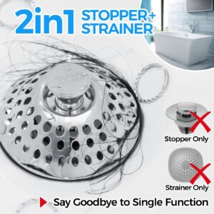 zaa Bathtub Drain Stopper, 2in1 Tub Stopper Bathtub Drain Cover and Hair Catcher, Pop Up Bathtub Drain Plug, Replaces Bath Tub Lift & Turn, Tip-Toe or Trip Lever, for 1.46-2" W Drain Hole, Silver