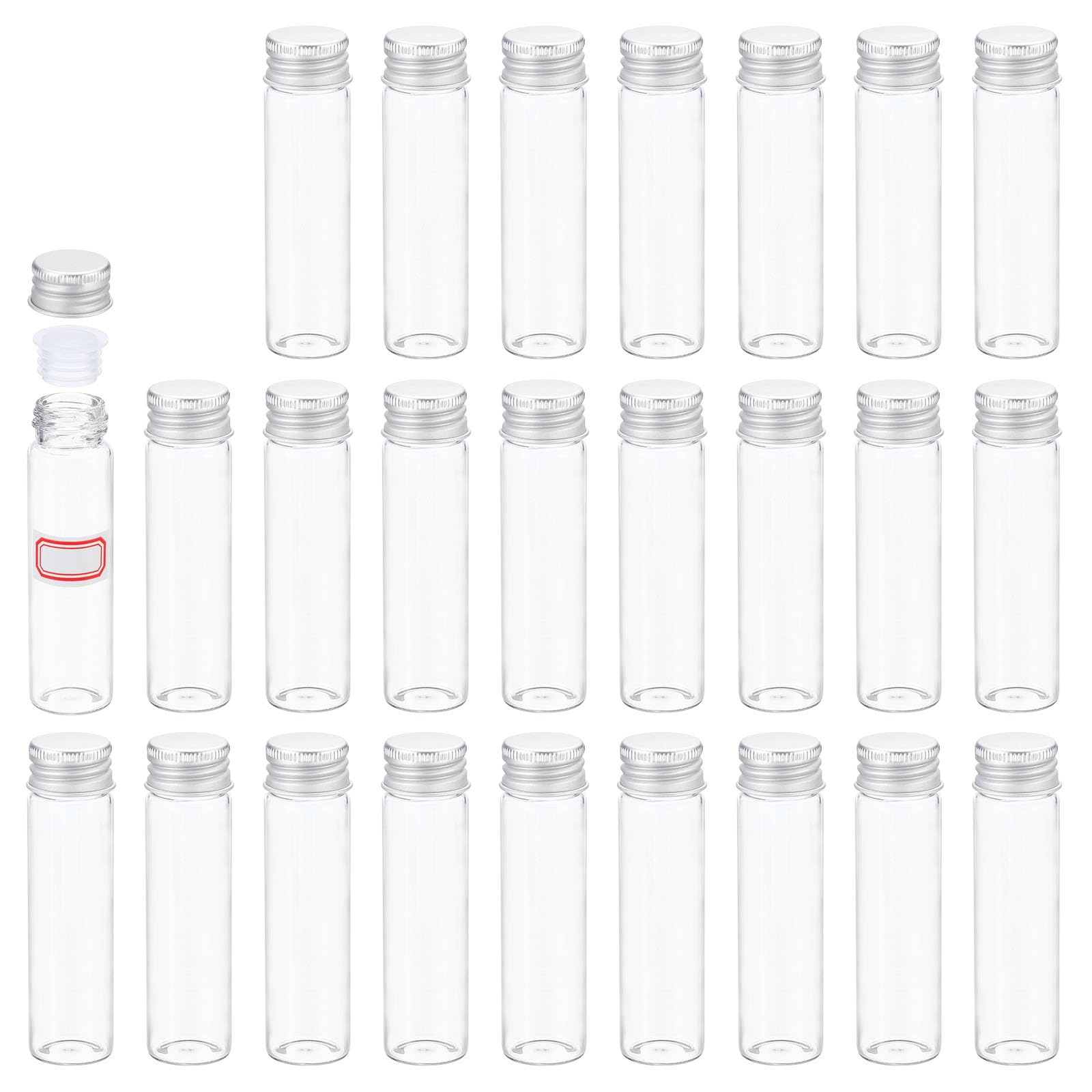 PATIKIL 20ml Clear Glass Vials, 25 Pack Small Liquid Sample Vial with Screw Caps Plastic Stoppers and 64 Labels Leak-Proof Bottles Empty Jars