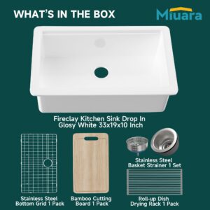 Miuara White Workstation Kitchen Sink 33 Inch - White Undermount Kitchen Sink 33"x19"x10", Large Kitchen Sink Drop In, Single Bowl Topmount Fireclay Sink for Kitchen,with 4 Custom Accessories