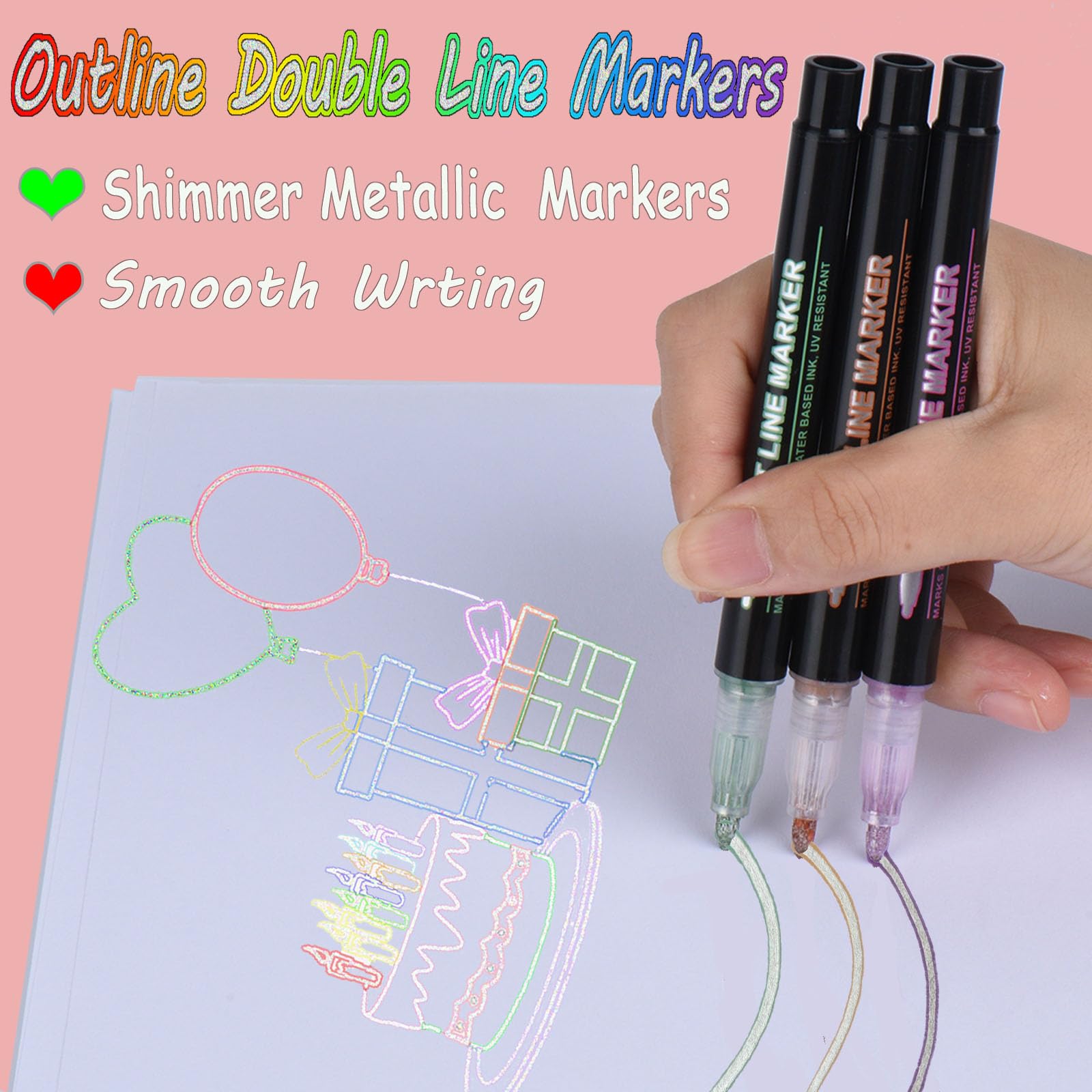 OLINGYOU Outline Markers, 12 Colors Shimmer Markers Set, Self Outline Metallic Outline Marker Pen Set for Art, Drawing, Doodling, Card Making, Greeting Cards, DIY Crafts