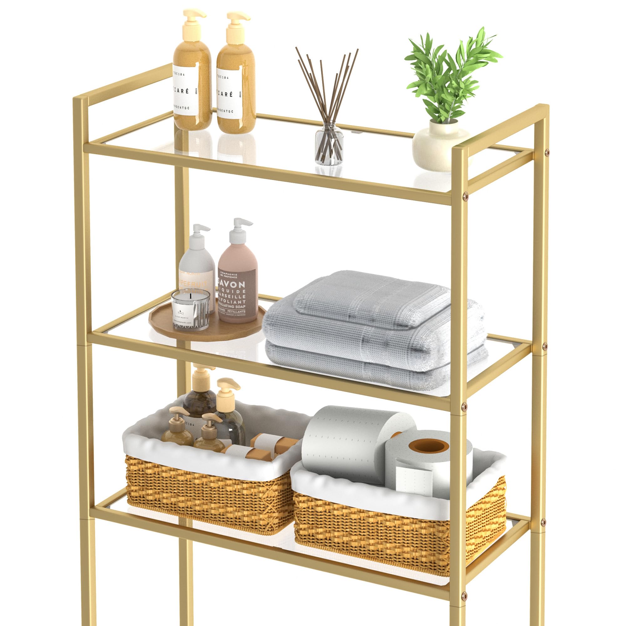 Homhedy Over The Toilet Storage, Metal 3-Tier Over-The-Toilet Bathroom Organizer Rack, Tempered Glass Shelves, Space-Saving, for Bathroom, Restroom, Laundry, Modern Style, Golden