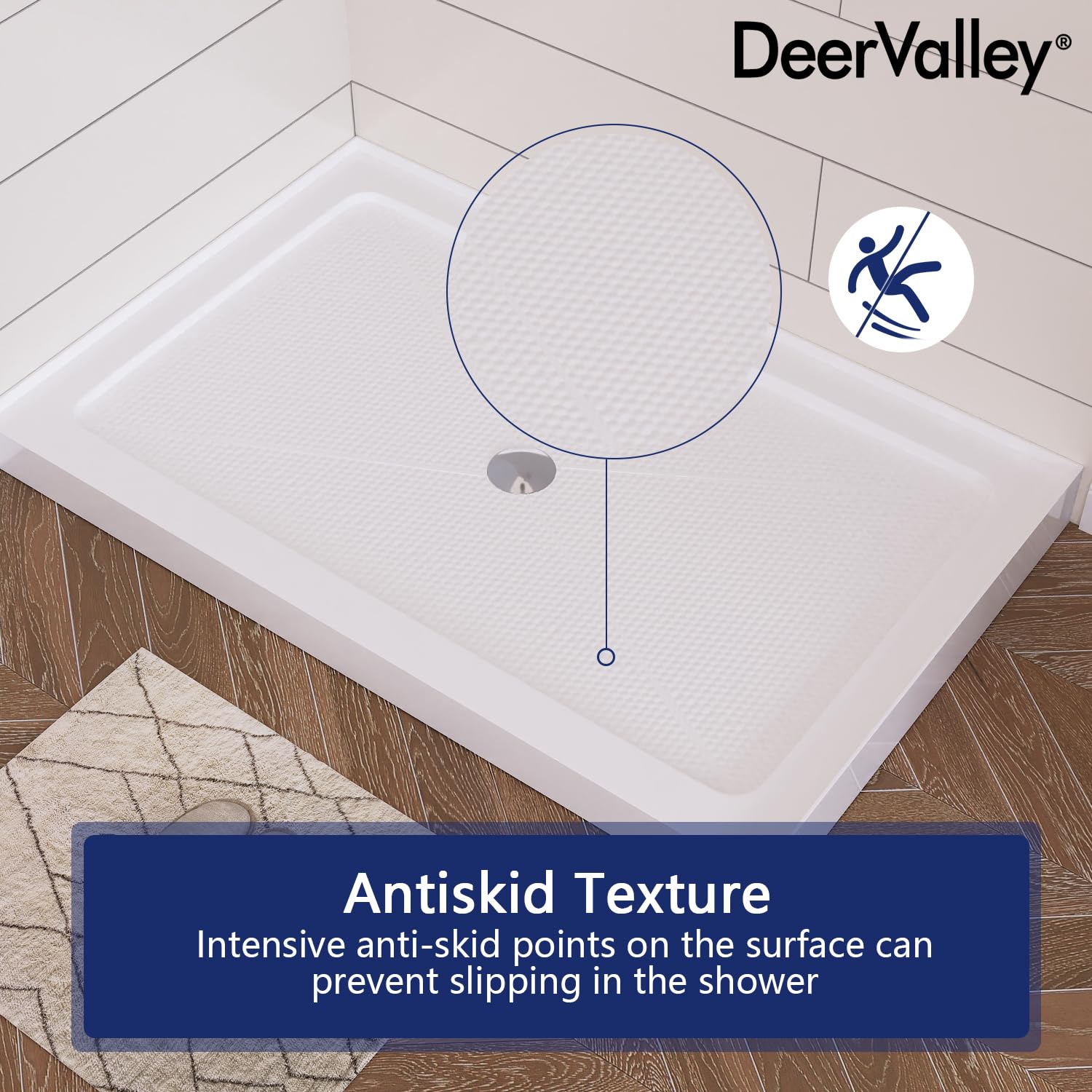 DeerValley DV-1SB0107 48"L X 30"W Shower Base in White with Single Threshold and Center Drain, Center Drain Location, Small Rectangle Acrylic Shower Pan, Non-slip Design