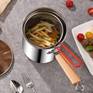 Deep Fryer Pot 304 Stainless Steel Frying Pan with Strainer Basket and Handle,Japanese Tempura Fryer Deep Fryers Frying Pot for Frying Fish Shrimp Chicken and Fries (Silver-1)