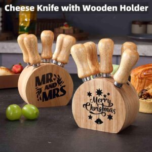 Qinwindeer Cheese Knife Set with Wooden Holder,Cheese Spreader Knives Set of 5 for Charcuterie Board,Charcuterie Boards Accessories Charcuterie Utensils Tools Git Box (Mr Mrs)