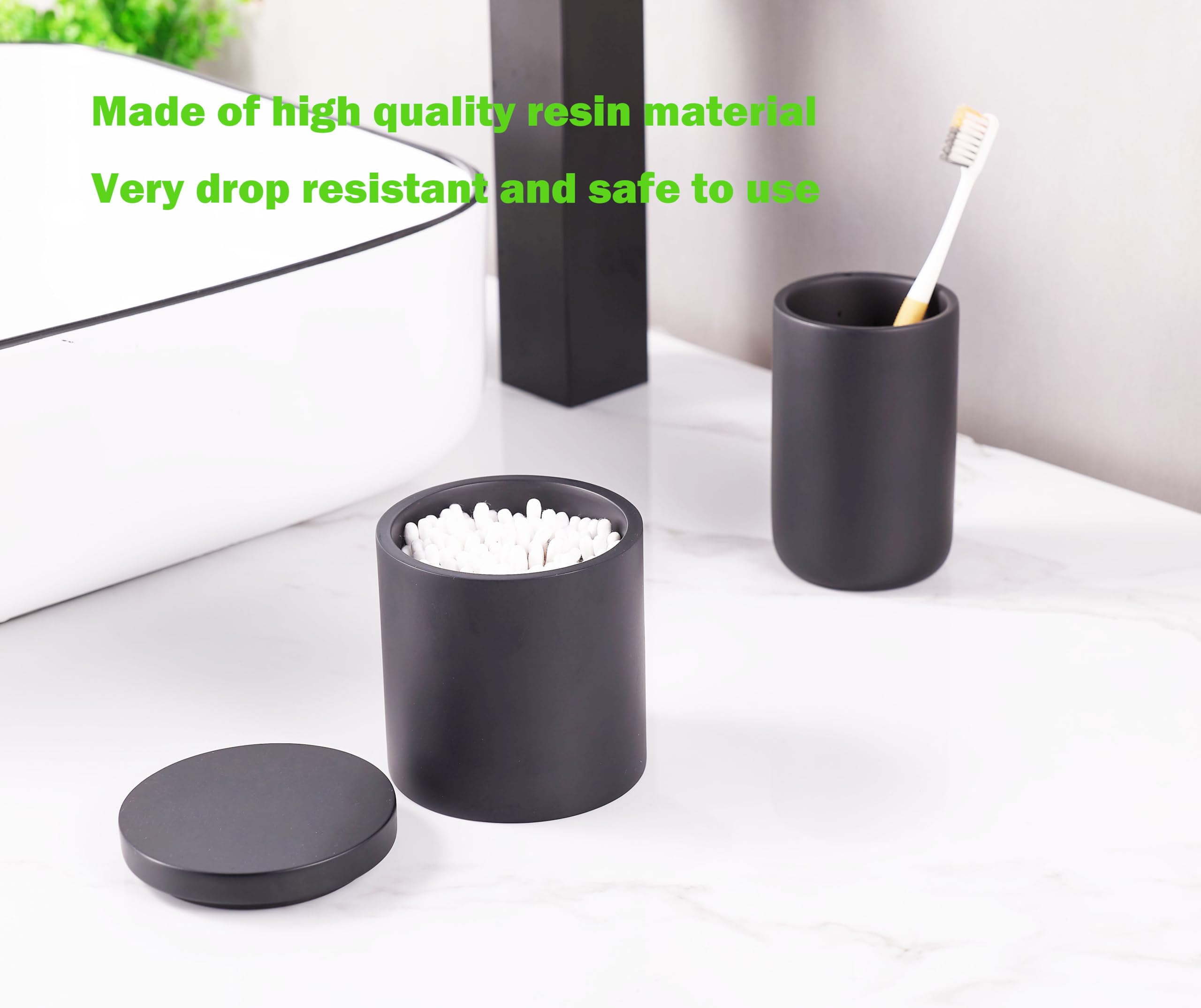 Joitsvia Cotton Swab Holder, Qtip Holder Dispenser with Lid, Resin Bathroom Containers,Vanity Storage Jars Organizer for Cotton Ball, Floss, Bath Salts, Bathroom Accessories, Matte Black