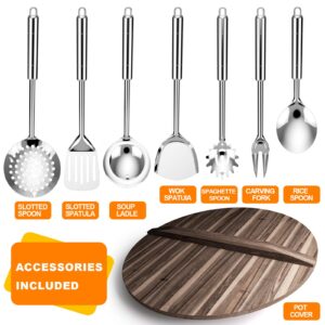 NFFTYUUT Carbon Steel Wok Pan, 8 Piece Woks & Stir-Fry Pans Set with Wooden Lid No Chemical Coated Flat Bottom Chinese Woks Pan for Induction, Electric, Gas, Halogen All Stoves - 13''