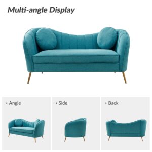 HULALA HOME Velvet Loveseat Sofa with 2 Pillows, Mid-Century Modern 2-Seat Sofa with Golden Legs for Bedroom, Comfy Upholstered Love Seat Couch, Teal