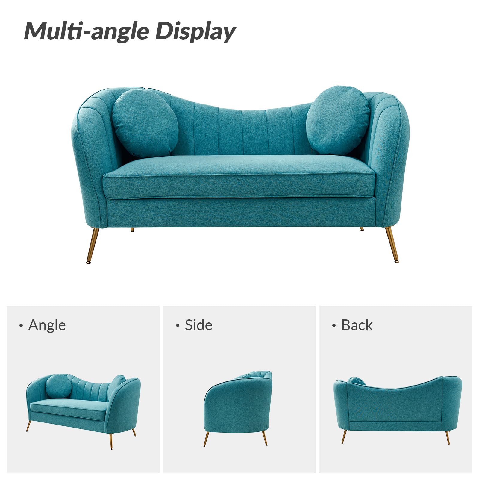 HULALA HOME Velvet Loveseat Sofa with 2 Pillows, Mid-Century Modern 2-Seat Sofa with Golden Legs for Bedroom, Comfy Upholstered Love Seat Couch, Teal