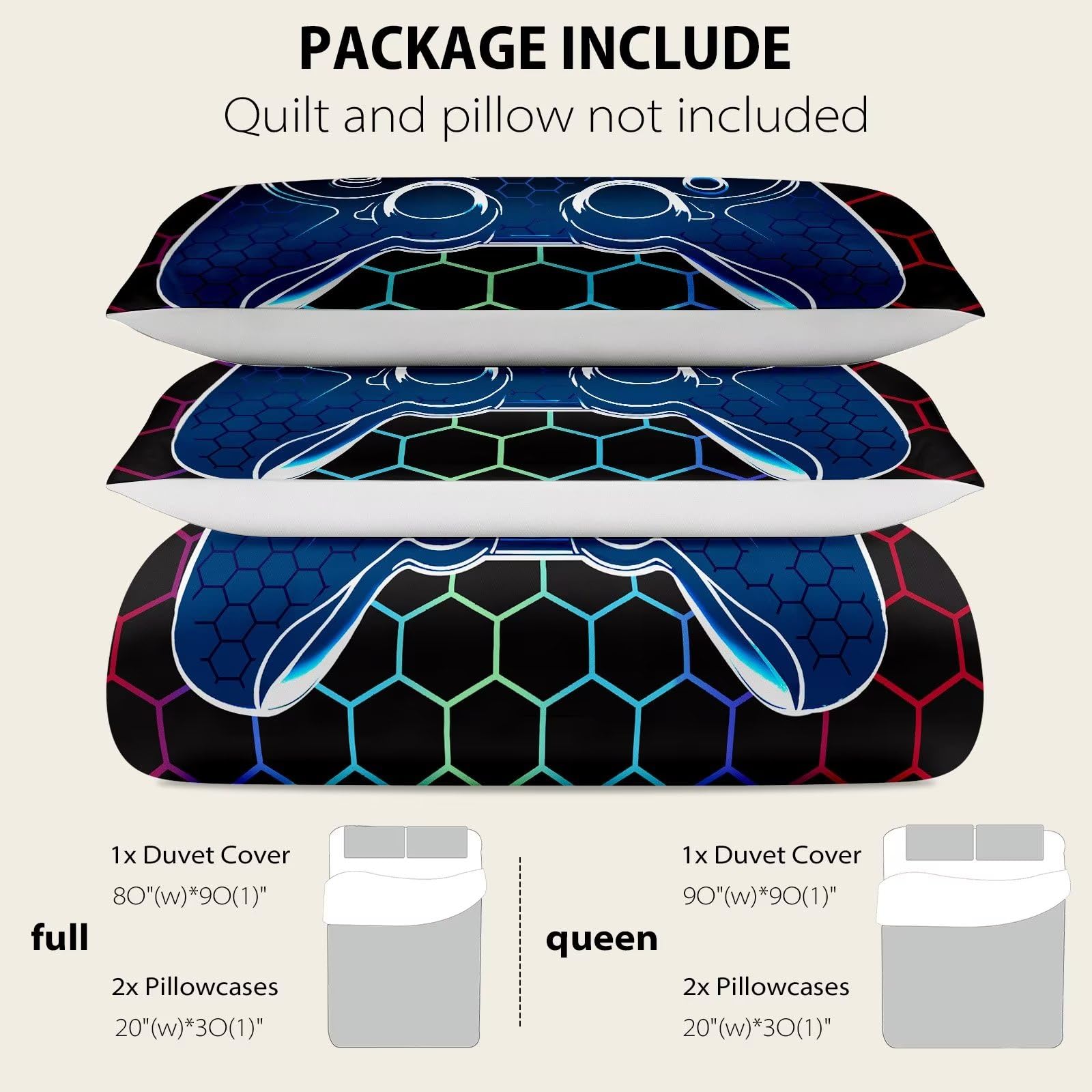 Duvet Cover Full,Gamer Bedding Set Full ,Game Console Comforter Cover Full Size for Boys Kids,Cool 3D Gaming Geometric Bedding Set, 3 Pieces, 1 Gamer Duvet Cover 80"x90" and 2 Pillow Shams 20"x30"