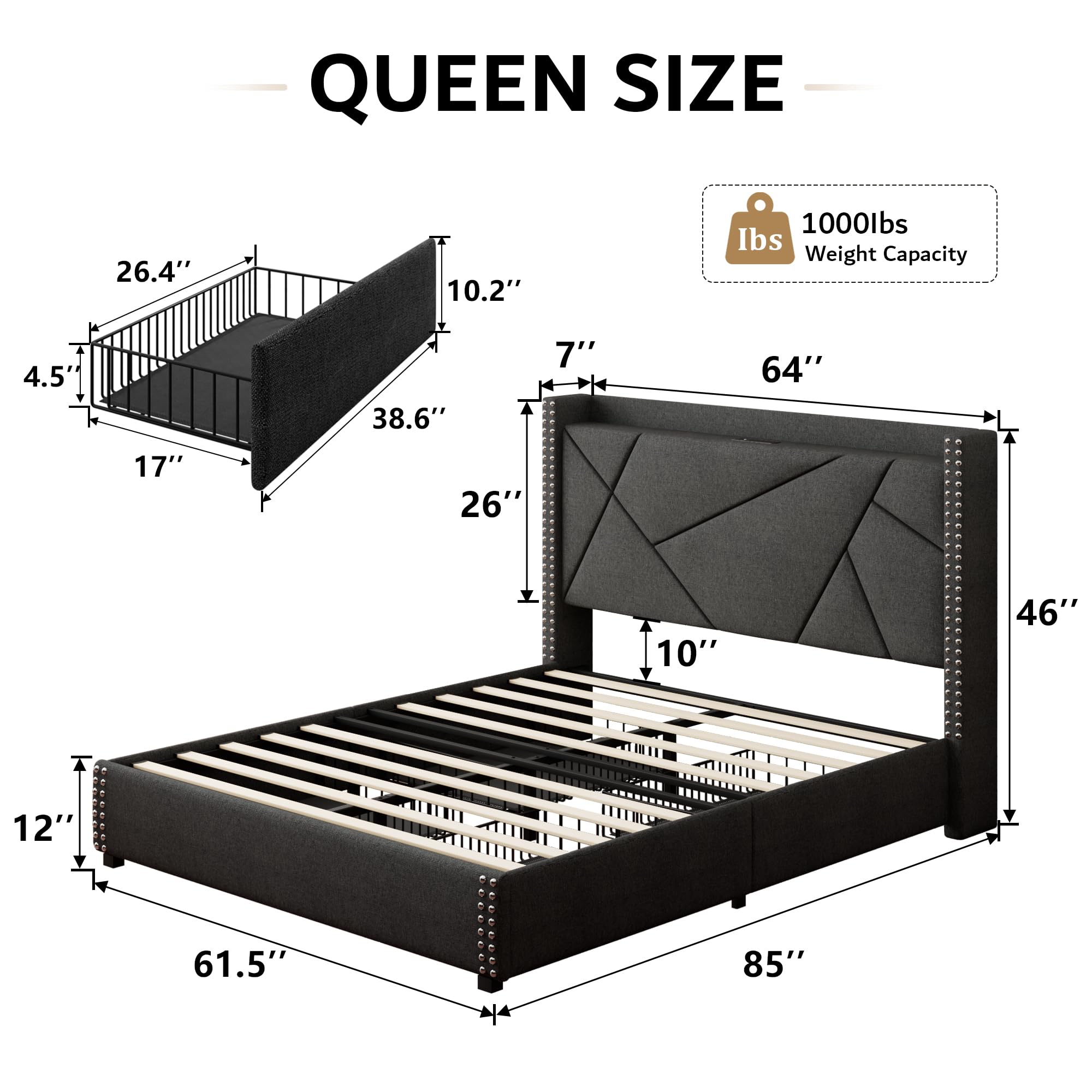 iPormis Queen Storage Bed Frame with 4 Drawers, Upholstered Bed Frame with Minimalist Wingback Headboard and Charging Station, No Box Spring Needed, Dark Gray