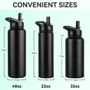 DOMICARE Insulated Water Bottle, 22 oz Vacuum Insulated Stainless Steel Reusable Sports Bottle with Straw Lid & Spout Lid for Travel, Camping, Bike, Leakproof, Black, 1 Pack