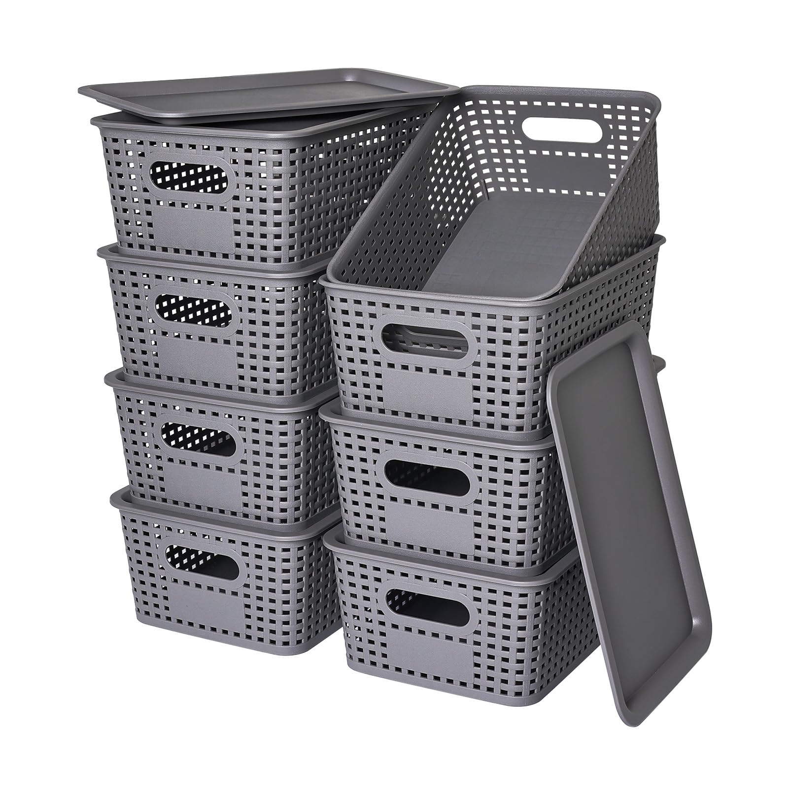 Plastic Storage Baskets with Lid-Plastic Storage Containers Stackable Storage bins: Storage Baskets for Organizing Shelves Drawers Desktop Closet Playroom Classroom Office, 8Pack-Gray,10.2x7.2x4.1Inch