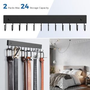 Belt Hanger Wall Mounted, Wooden Belt Organizer 2 Pack Max 24 Storage Capacity, 180° Rotating Space Saving Hangers for Ties, Tank Tops, Scarves, Bras, Keys, Bags Black