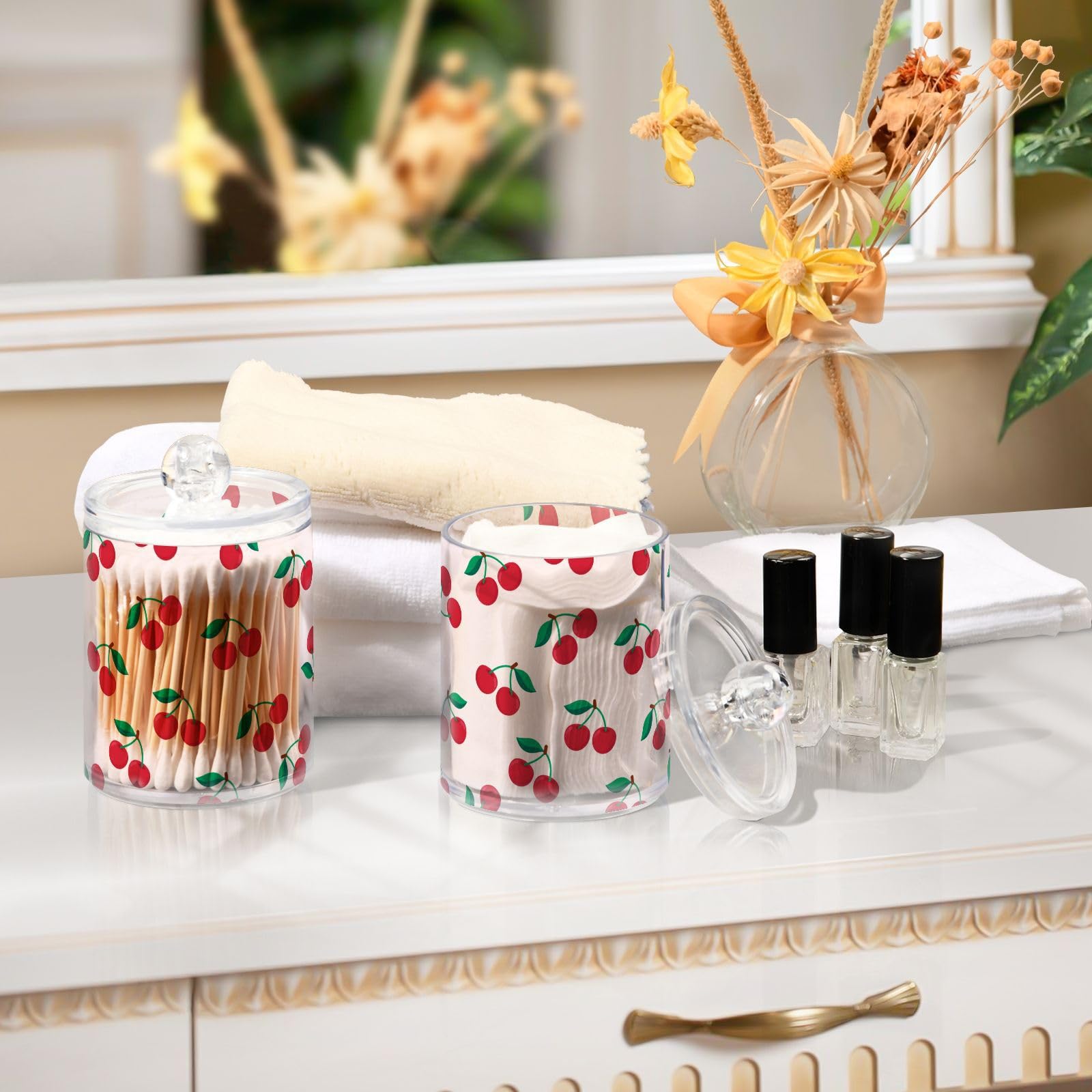 Takiito Cherry Print 2 Pack Qtip Holder Dispenser for Cotton Swabs, Cotton Ball, Pads, Floss, 10 oz Plastic Apothecary Jar Set with Lid, Bathroom Makeup Organizer