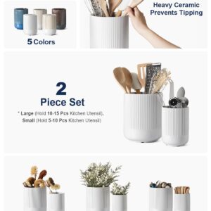 LE TAUCI Utensil Holder, 7.3"+5.4" Ceramic Kitchen Utensil Holder for Countertop, Large Cooking Utensil Crocks for Kitchen Counter, Morden Utensil Organizer for Spatula, Kitchen Decor, Set of 2, White