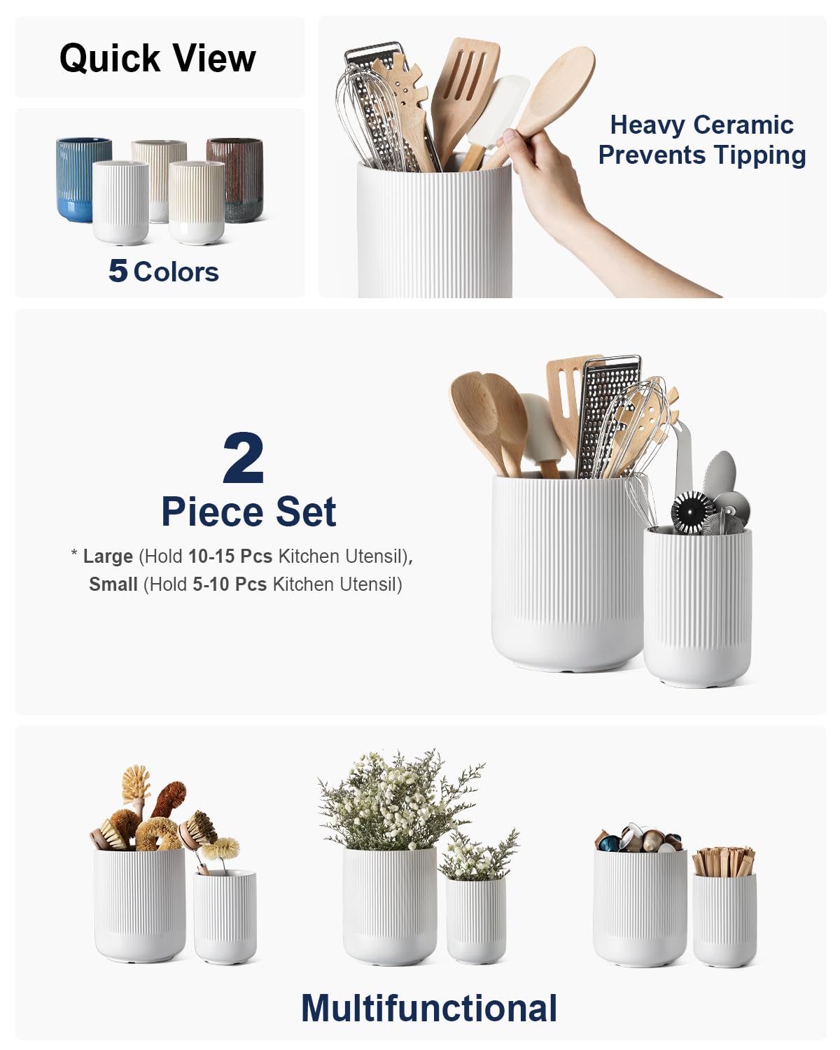 LE TAUCI Utensil Holder, 7.3"+5.4" Ceramic Kitchen Utensil Holder for Countertop, Large Cooking Utensil Crocks for Kitchen Counter, Morden Utensil Organizer for Spatula, Kitchen Decor, Set of 2, White