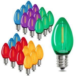 meilux 25 pack c7 led night light bulbs multicolor, christmas replacement bulbs e12 candelabra base shatterproof plastic lights, 0.6w equivalent to 7w, chandelier candle string light bulbs