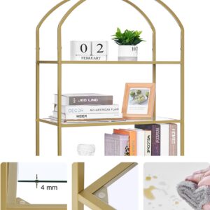 Homhedy 6-Tier Bookshelf Arched Display Racks, Metal Bookcase, Tempered Glass Shelves, Storage Rack Shelf for Home Office, Living Room, Bedroom, Bathroom, Modern Style, Golden