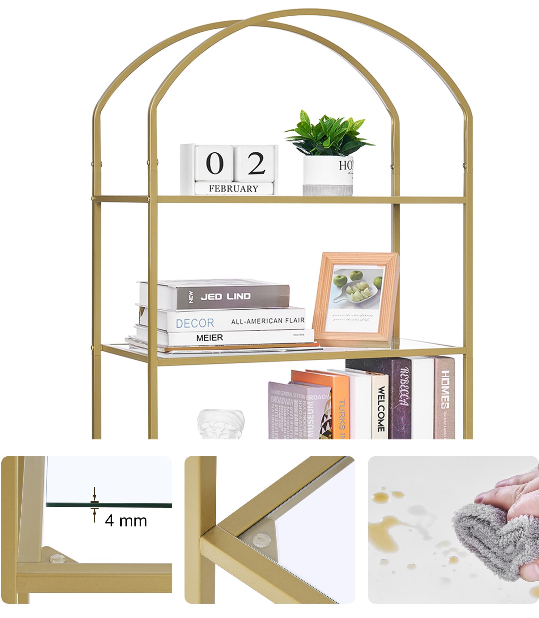 Homhedy 6-Tier Bookshelf Arched Display Racks, Metal Bookcase, Tempered Glass Shelves, Storage Rack Shelf for Home Office, Living Room, Bedroom, Bathroom, Modern Style, Golden