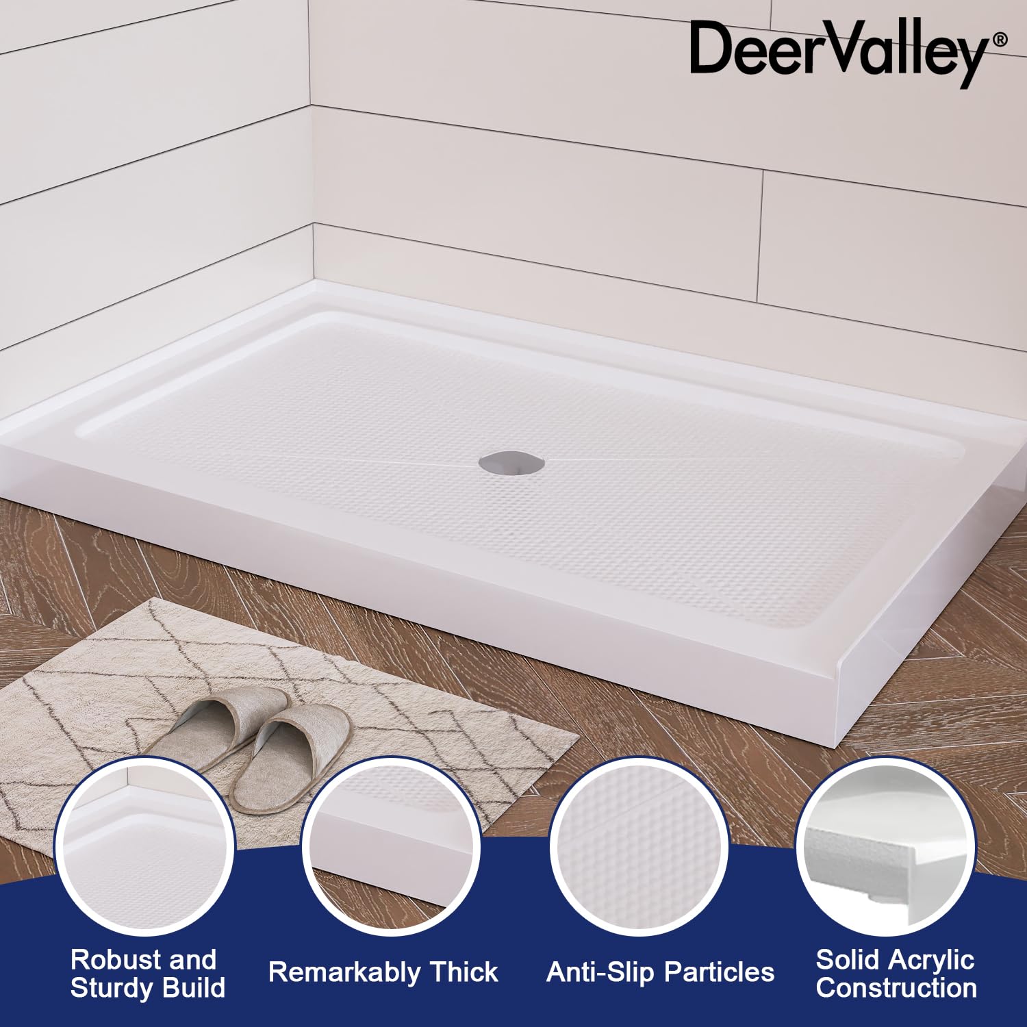 DeerValley DV-1SB0107 48"L X 30"W Shower Base in White with Single Threshold and Center Drain, Center Drain Location, Small Rectangle Acrylic Shower Pan, Non-slip Design