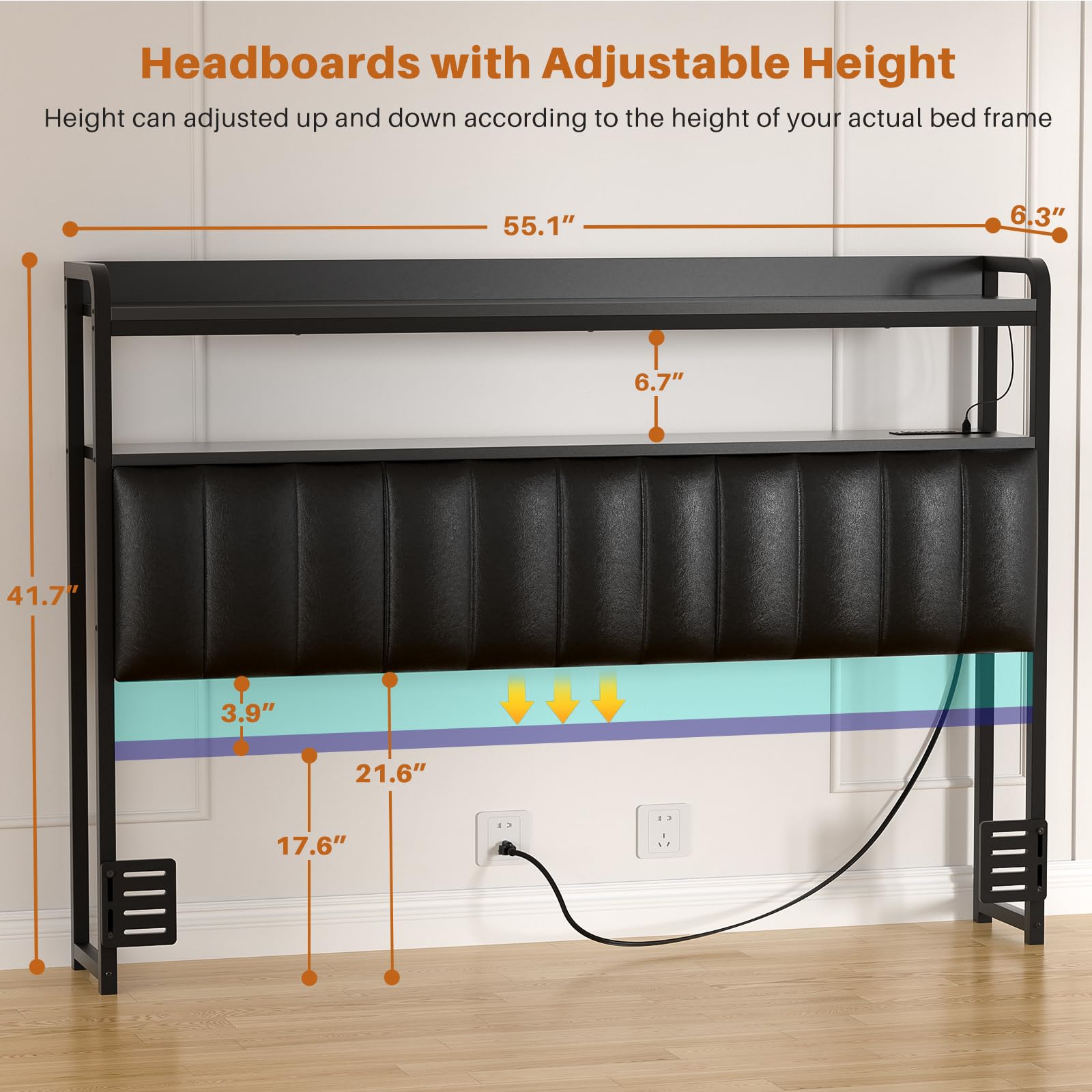 Aheaplus Headboard for Full Size Bed Frame, Upholstered Headboards with Outlets, USB Ports and LED Light, Leather Head Board with Storage, Height Adjustable, Comfortable Headboard, Full Size, Black