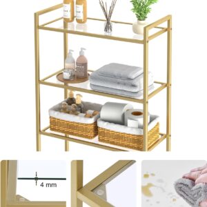 Homhedy Over The Toilet Storage, Metal 3-Tier Over-The-Toilet Bathroom Organizer Rack, Tempered Glass Shelves, Space-Saving, for Bathroom, Restroom, Laundry, Modern Style, Golden