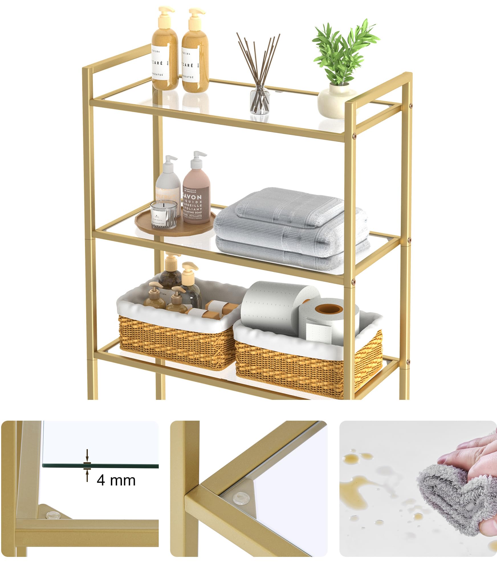 Homhedy Over The Toilet Storage, Metal 3-Tier Over-The-Toilet Bathroom Organizer Rack, Tempered Glass Shelves, Space-Saving, for Bathroom, Restroom, Laundry, Modern Style, Golden