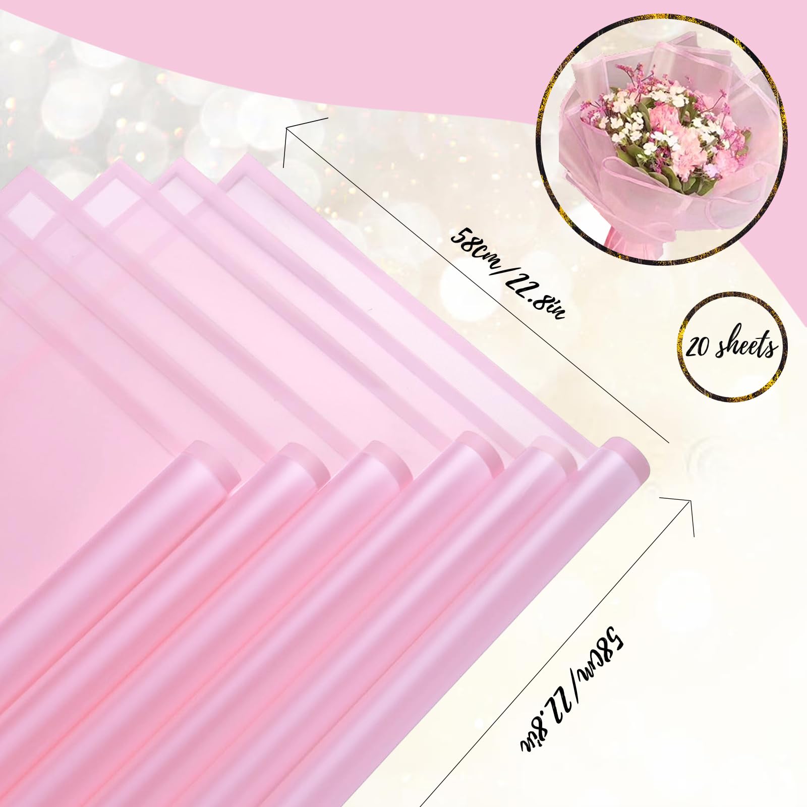 Gloreyan 20 Sheets Pink Flower Wrapping Paper, Florist Bouquet DIY Craft Fresh Flower Wrapping Paper with Pink Border Waterproof Floral Wrapping Gift Box Packaging Material Florist Supplies, 22.8*22.8