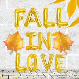 Fall In Love With Maple Leaves Balloons, Gold Autumn Party Sign, Wedding/Engagement/Bridal Shower/Bachelorette Party Decoration Supplies