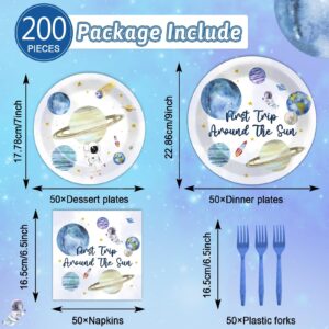 ZOIIWA 200 PCS First Trip Around the Sun Birthday Tableware Disposable 1st Space Party Supplies Outer Space Birthday Party Paper Plates Napkins Forks Baby Shower Party Decoration Serve 50 guest