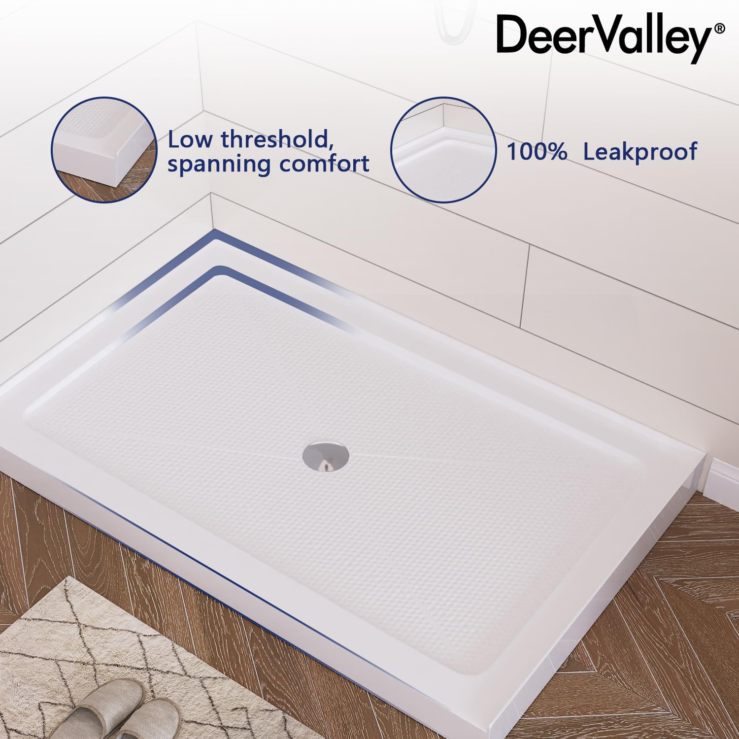 DeerValley DV-1SB0107 48"L X 30"W Shower Base in White with Single Threshold and Center Drain, Center Drain Location, Small Rectangle Acrylic Shower Pan, Non-slip Design