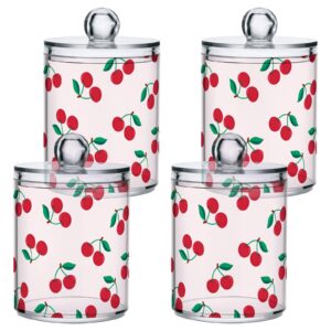 Takiito Cherry Print 2 Pack Qtip Holder Dispenser for Cotton Swabs, Cotton Ball, Pads, Floss, 10 oz Plastic Apothecary Jar Set with Lid, Bathroom Makeup Organizer