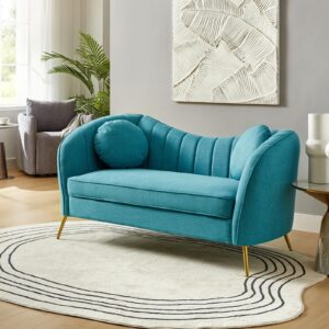 HULALA HOME Velvet Loveseat Sofa with 2 Pillows, Mid-Century Modern 2-Seat Sofa with Golden Legs for Bedroom, Comfy Upholstered Love Seat Couch, Teal