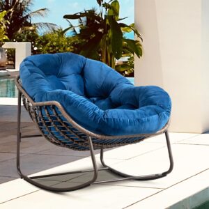 Villeston Outdoor Papasan Rocking Chair - Oversized Comfy Patio Chair Indoor Egg Royal Rattan Rocking Chair with Cushion for Front Porch Lounge Lawn Bedroom Living Room (Blue Velvet)