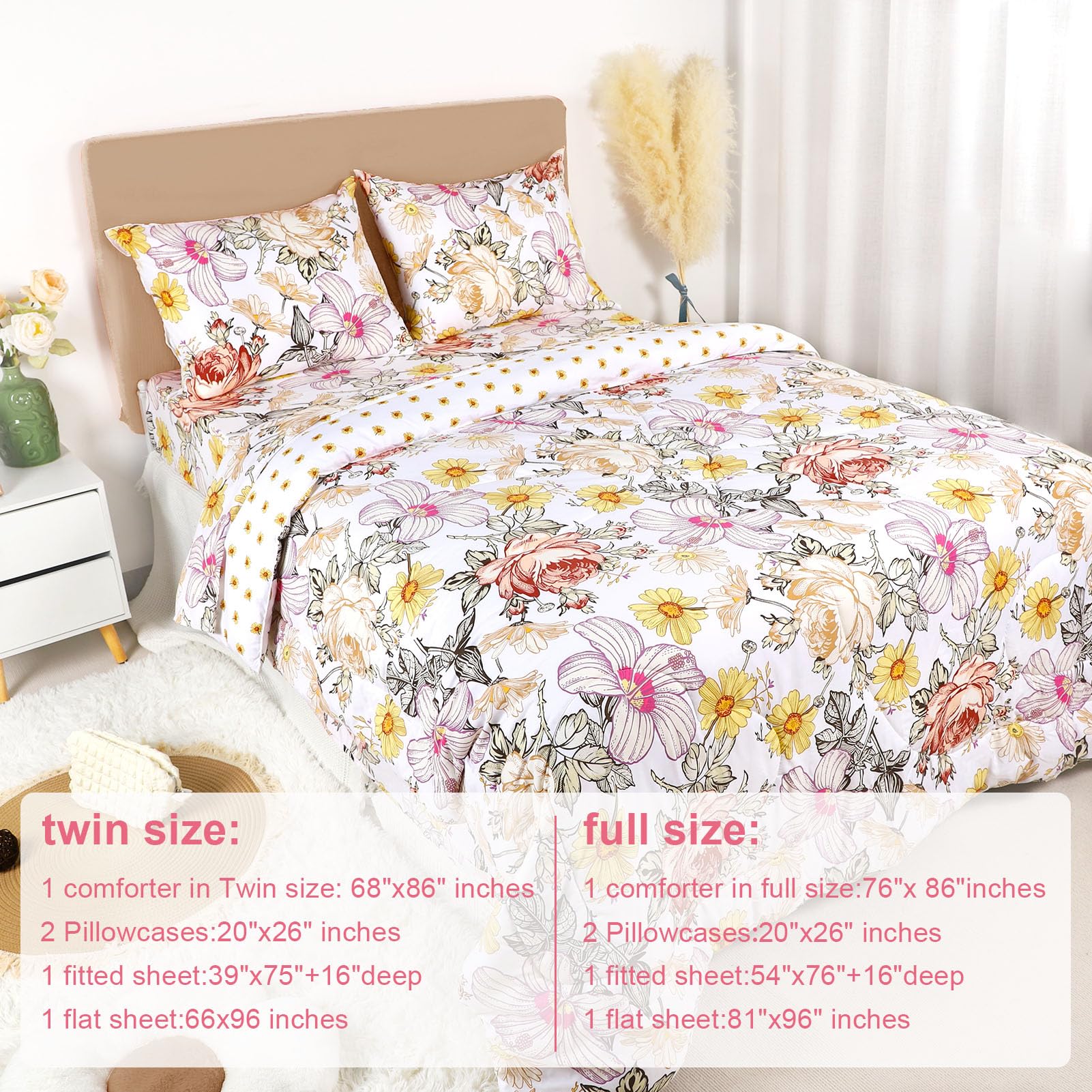 HNHUAMING Floral Twin Comforter Set for Girl,Reversible Comforter Twin Set, 5 Piece Twin Size Bed Set,Comfortable and Breathable Microfiber Bed in a Bag Set for Kid Girl