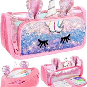 LISEVO Cute Pencil Case, 3D Pencil Pouch for Girls Kids, Sparkly Pencil Bag with Sequins for Students, Glitter Bling School Supplies Stationary Pen Holder