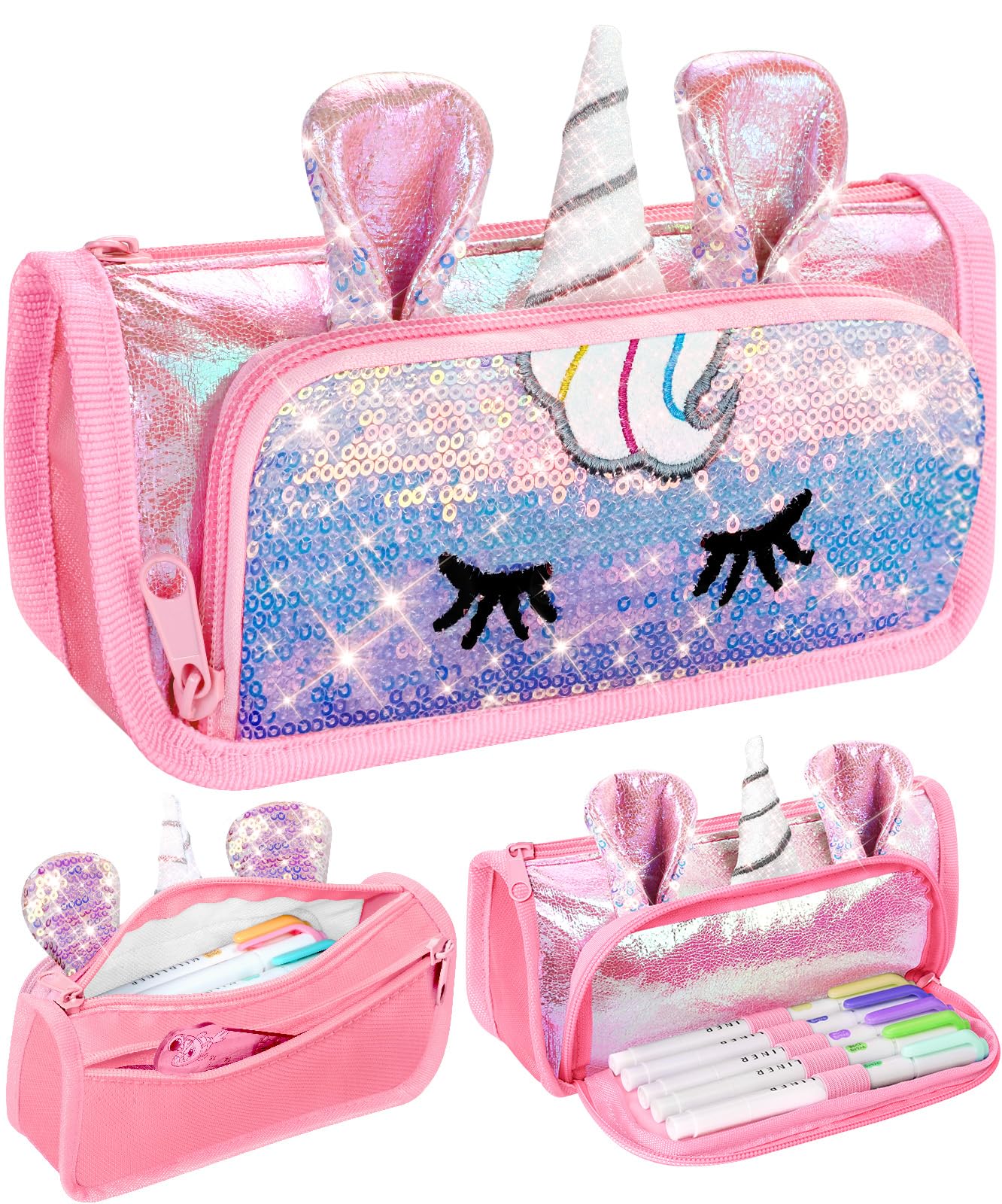 LISEVO Cute Pencil Case, 3D Pencil Pouch for Girls Kids, Sparkly Pencil Bag with Sequins for Students, Glitter Bling School Supplies Stationary Pen Holder