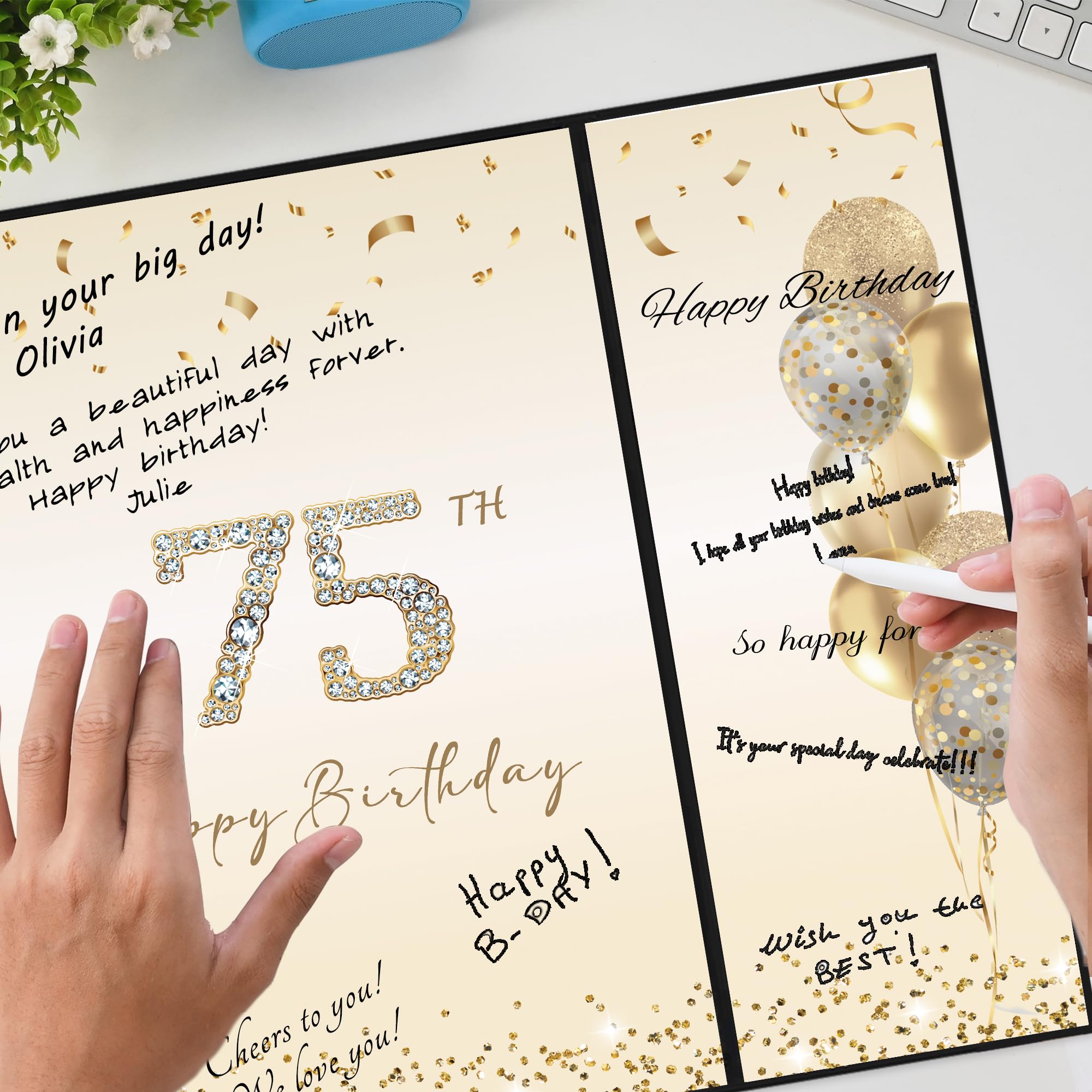 DARUNAXY Black Gold 75th Birthday Party Decorations, Happy 75th Birthday Alternative Signature Guest Book for Men Women Cheers to 75 Years Old Gifts 75 Birthday Signing Card Board Party Supplies