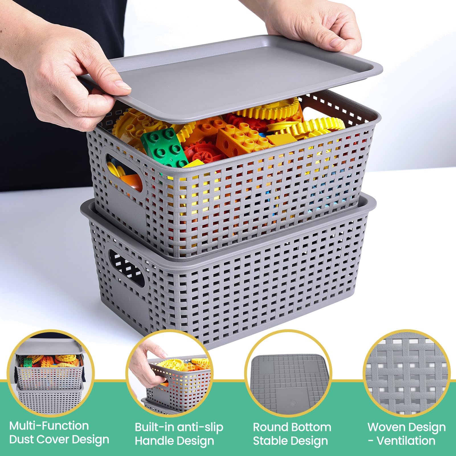 Plastic Storage Baskets with Lid-Plastic Storage Containers Stackable Storage bins: Storage Baskets for Organizing Shelves Drawers Desktop Closet Playroom Classroom Office, 8Pack-Gray,10.2x7.2x4.1Inch