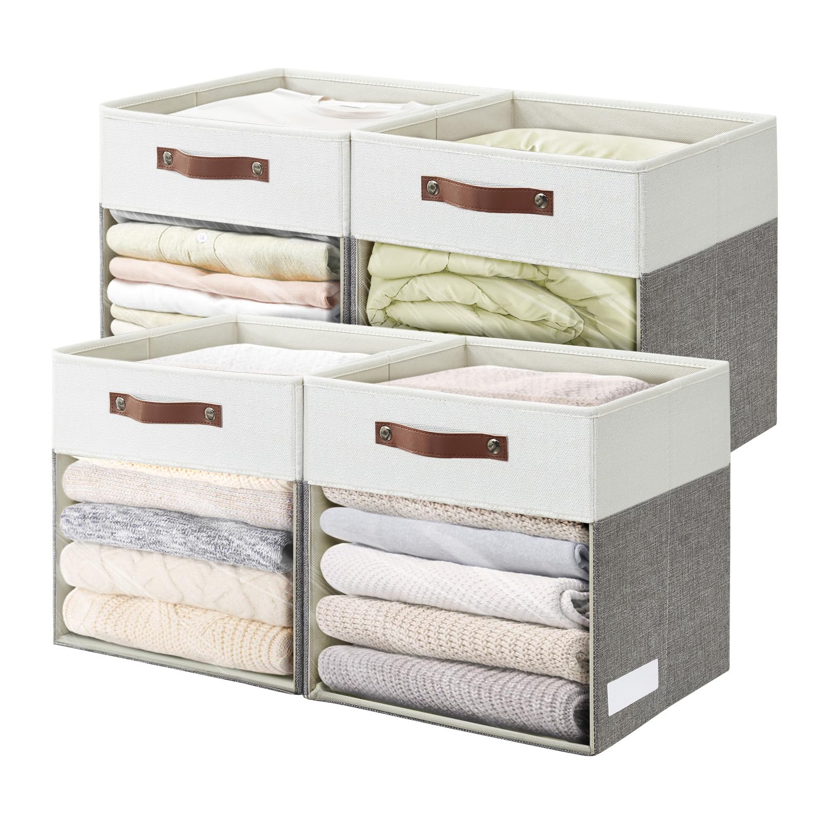 Bagnizer Storage Cubes with Clear Window Linen Fabric Collapsible Storage Bins with Handles 13 x 13 Inch Foldable Storage for Shelf Closet 4 Pack, Grey and White