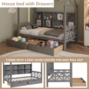 Bocarali Twin Bed Frame for Kids, House Bed with 2 Drawers, Platform Bed with Headboard and Wood Slats, Montessori House Bed with Fence for Boys Girls, 74.4" L x 40.2" W x 71" H, Gray