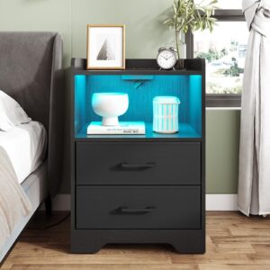 DICTAC Nightstands Set 2, LED Nightstand with Charging Station, End Side Table with USB Port, Bedside Table with 2 Fabric Drawers and Open Compartment for Bedroom, Black