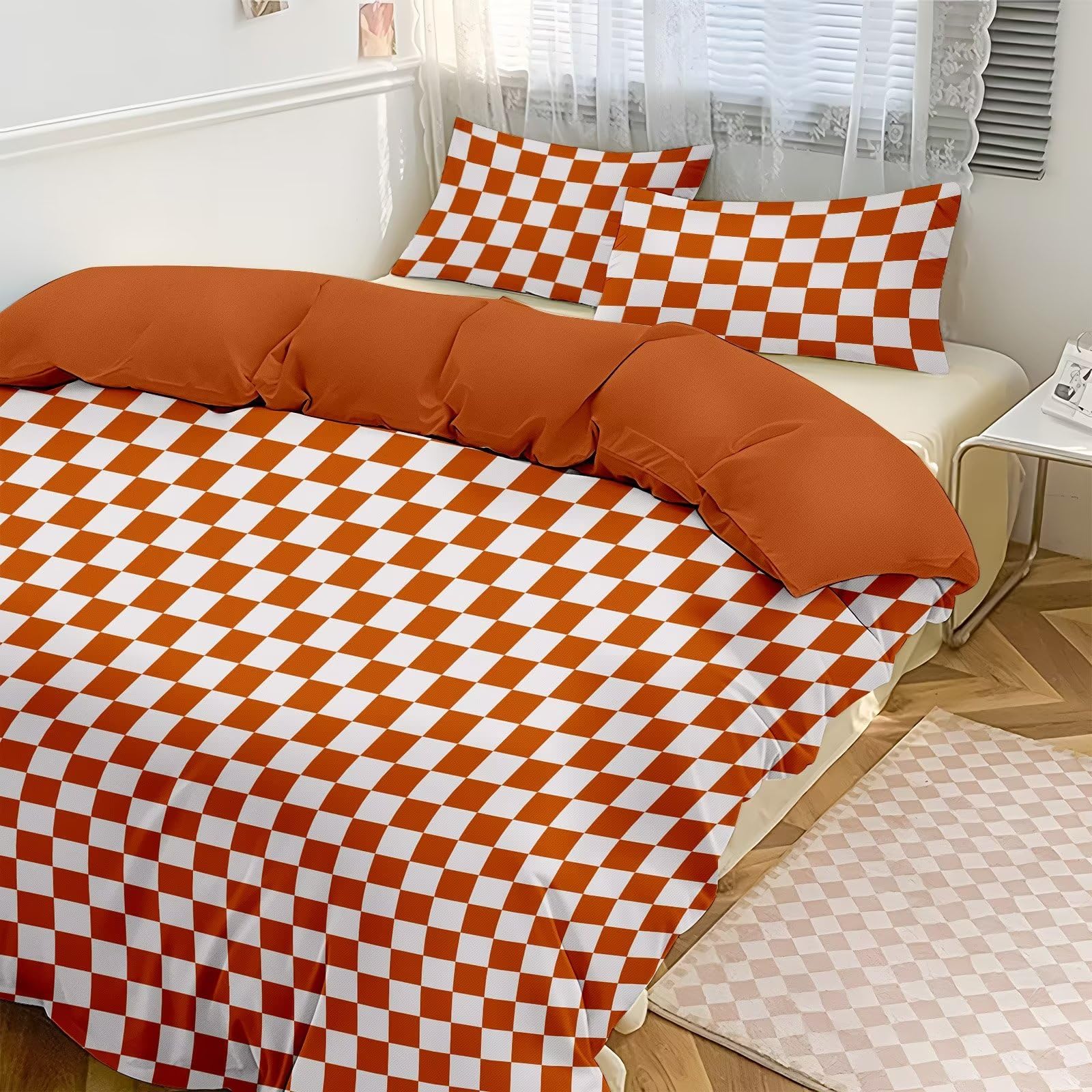 Duvet Cover Full Size - Orange Plaid Full Duvet Cover Set Women Girls,Full Size Duvet Cover Full Abstract Checkered Bedding Set, 3 Pieces, 1 Comforter Duvet Cover Full Size 80"x90"and 2 Pillowcases