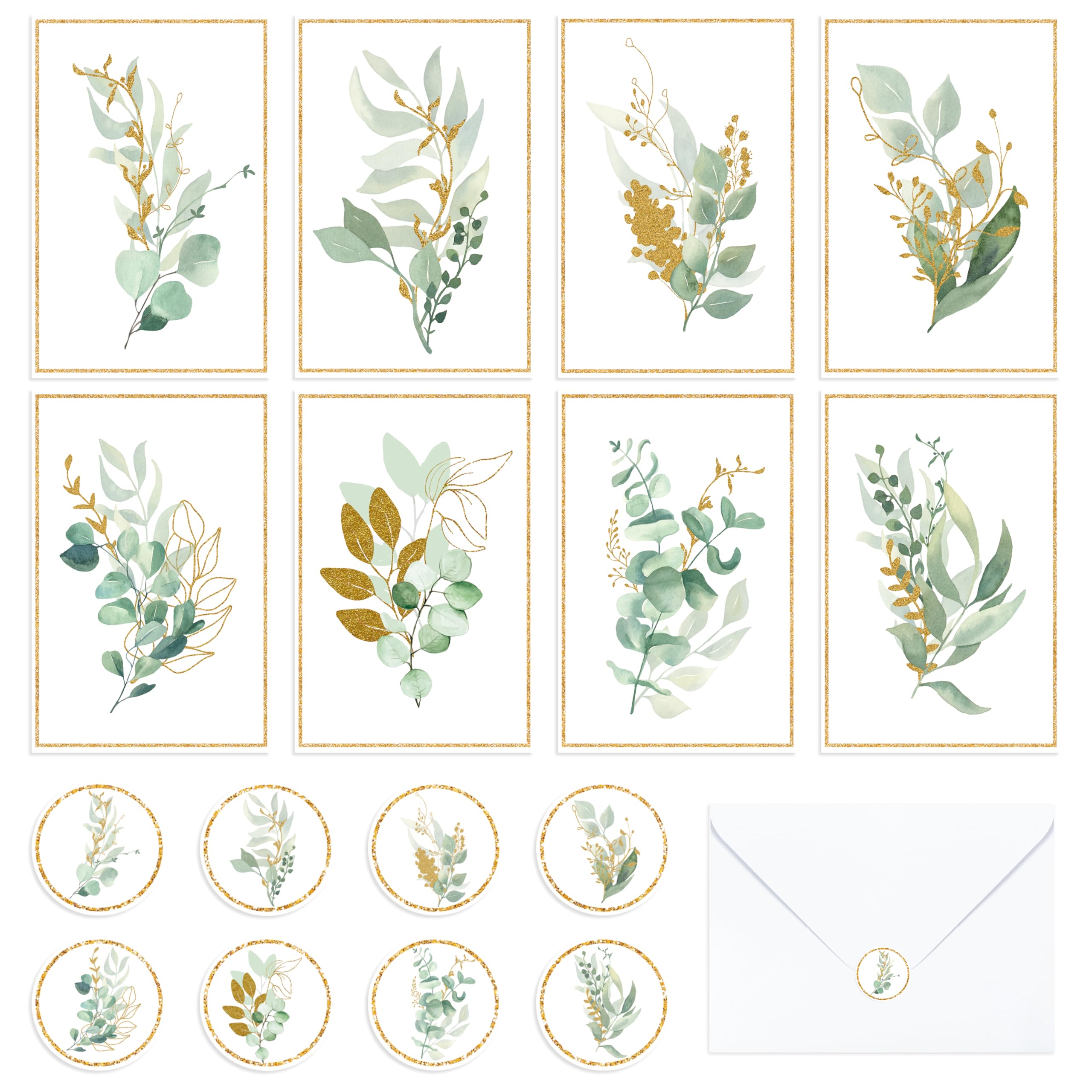 BeYumi 85Pcs Gold Greenery Greeting Cards with Envelopes Stickers Watercolor Botanical Note Cards Green Plant Thank You Blank Card for Birthday Wedding Graduation Anniversary Baby Shower Bridal Shower