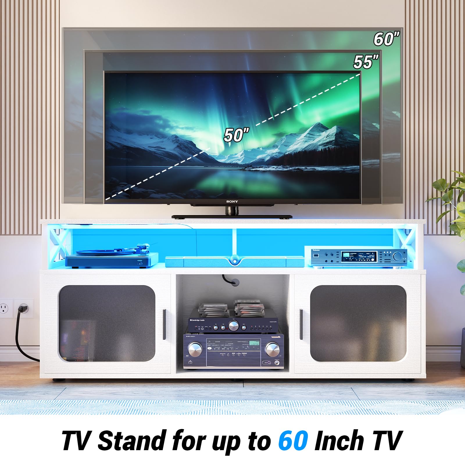 Aheaplus TV Stand for 55 60 Inch TV, Entertainment Center with LED Light & Charging Station, TV Console Table, Large Media Console Cabinet w/Soundbar Shelf, Cord Holes, for Living Room, Bedroom, White