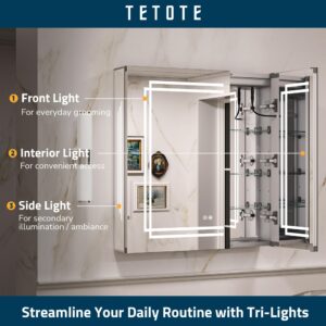 TETOTE Medicine Cabinet Bathroom LED Mirror 30x32 Inch 3 Colors Stepless Dimming Anti-Fog Memory Funtion Surface Recessed Wall Mounted Medicine Cabinets