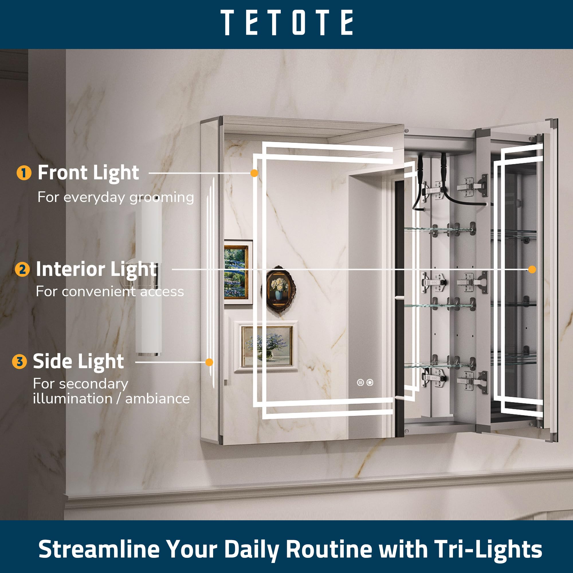 TETOTE Medicine Cabinet Bathroom LED Mirror 24x32 Inch 3 Colors Stepless Dimming Anti-Fog Memory Funtion Surface Recessed Wall Mounted Medicine Cabinets