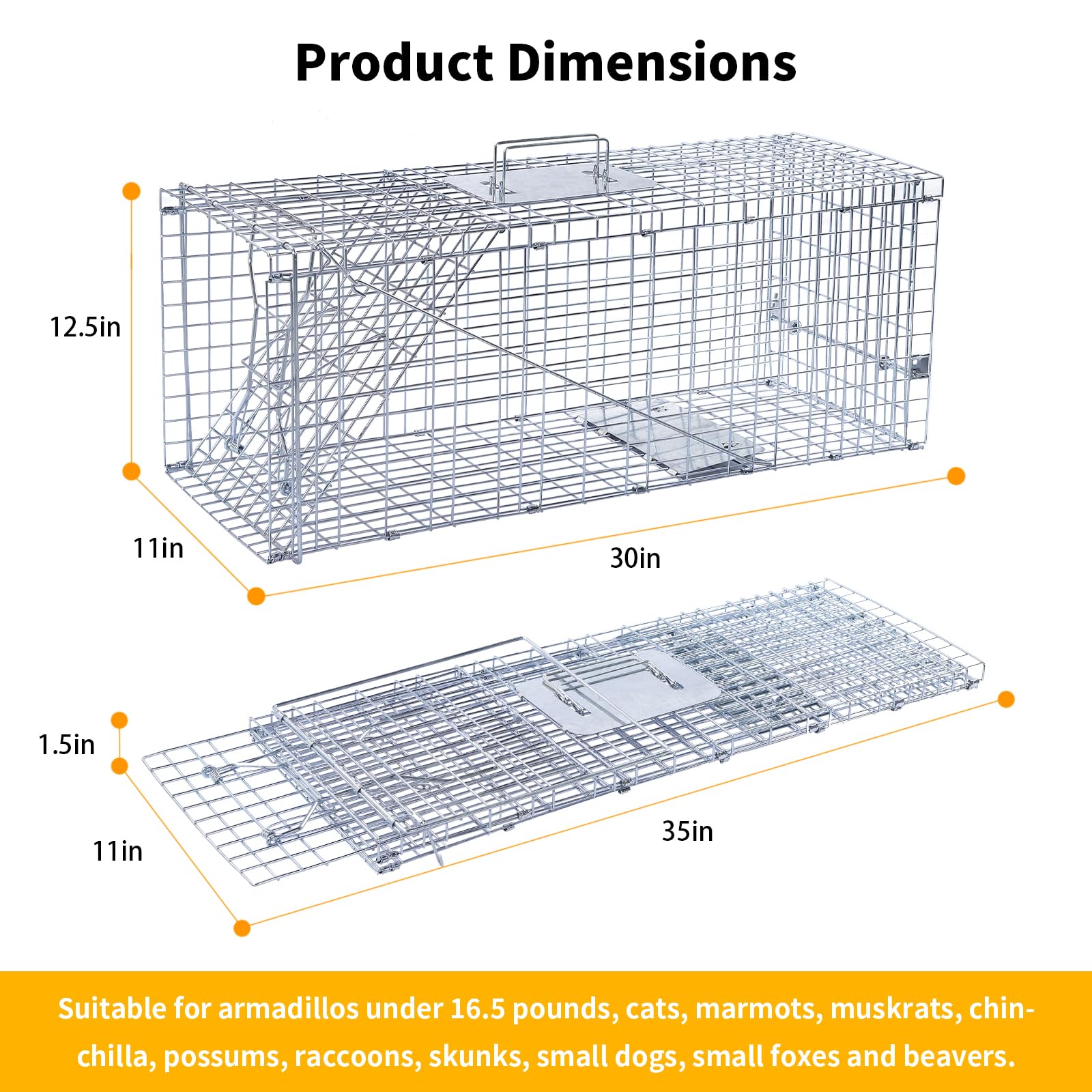 32" Live Animal Traps,Humane Animal Trap for Stray Cats up to 16.5 pounds, Raccoons, Squirrel, Skunk, Mole, Groundhog, Armadillo, Rabbit,Steel Foldable with Pedal Triggers